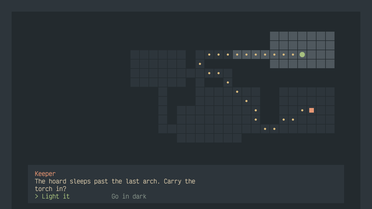 Rendered output of the Roll a dungeon, light a torch sample (dark theme)