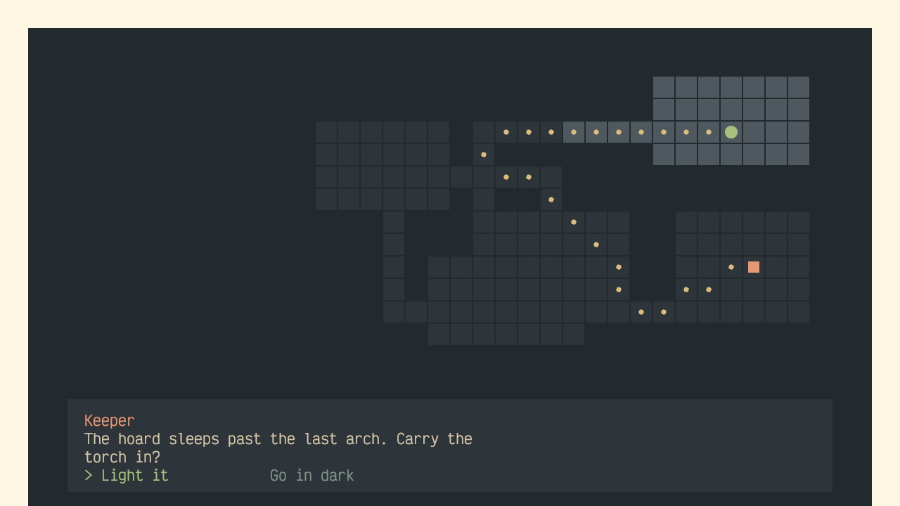 Rendered output of the Roll a dungeon, light a torch sample (light theme)