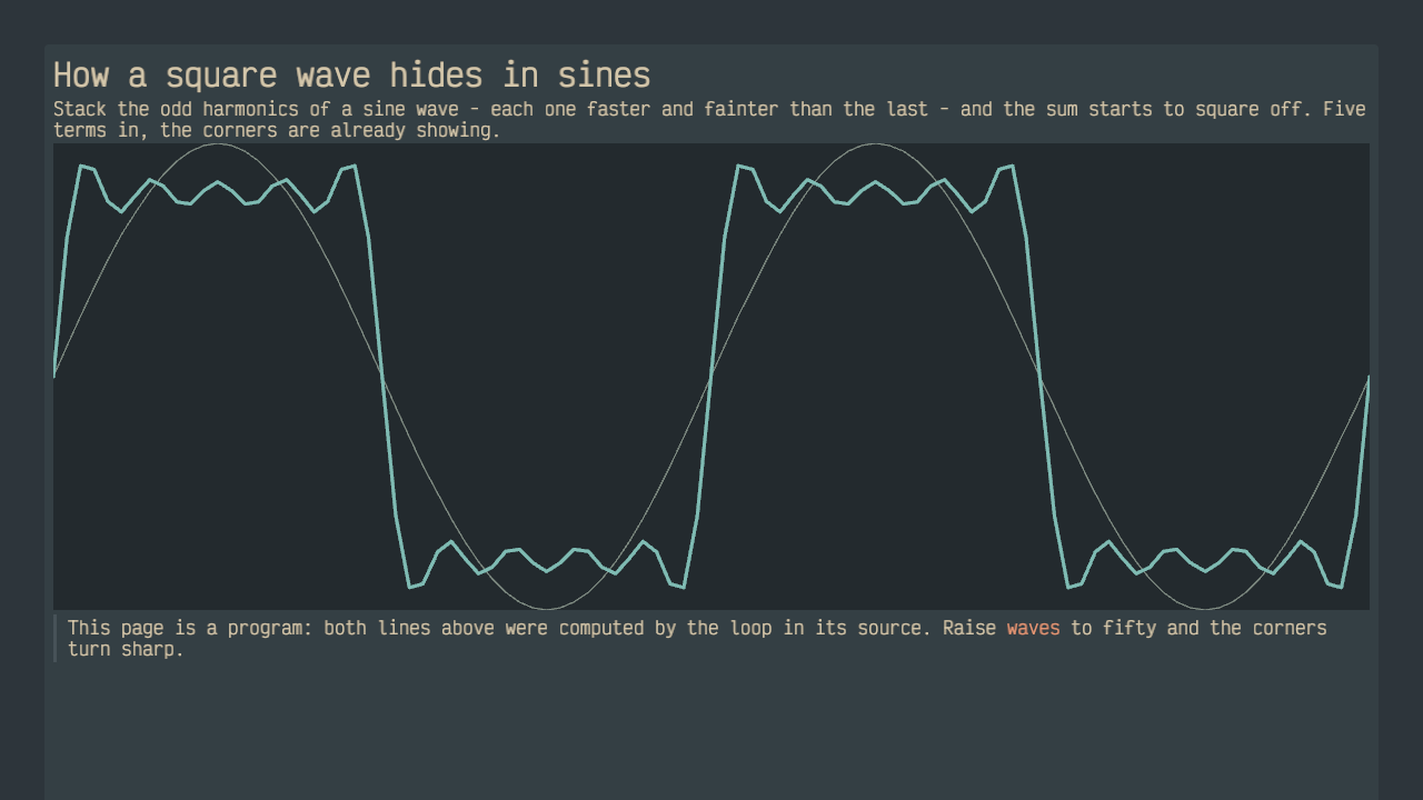 Rendered output of the Teach with pages that compute sample (dark theme)